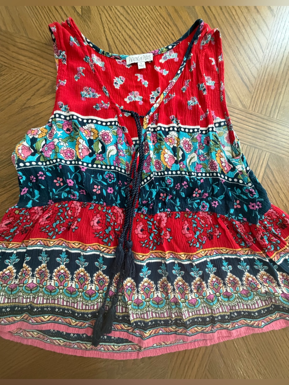 Patrons of Peace Red Floral Patterned Top with Teal Accents